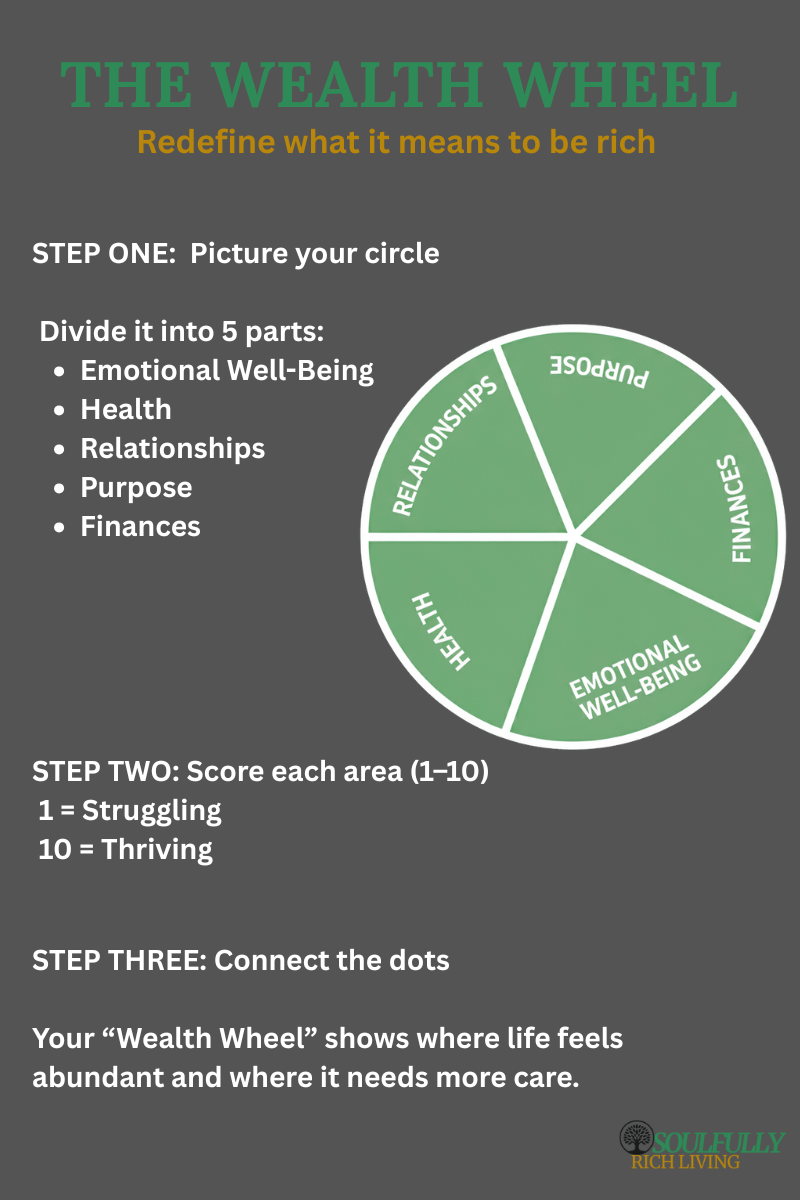 A circular graphic divided into five equal sections labeled Health, Relationships, Purpose, Emotional Well-Being, and Finances. Each section has a scale from 1 to 10 for self-scoring. The graphic encourages viewers to rate each area of life and connect the dots to visualize balance. Text reads: “The Wealth Wheel . Redefine what it means to be rich.”